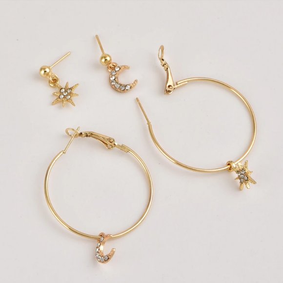 Gold Star Moon Stud & Hoop Earrings Set - Picture 4 of 6